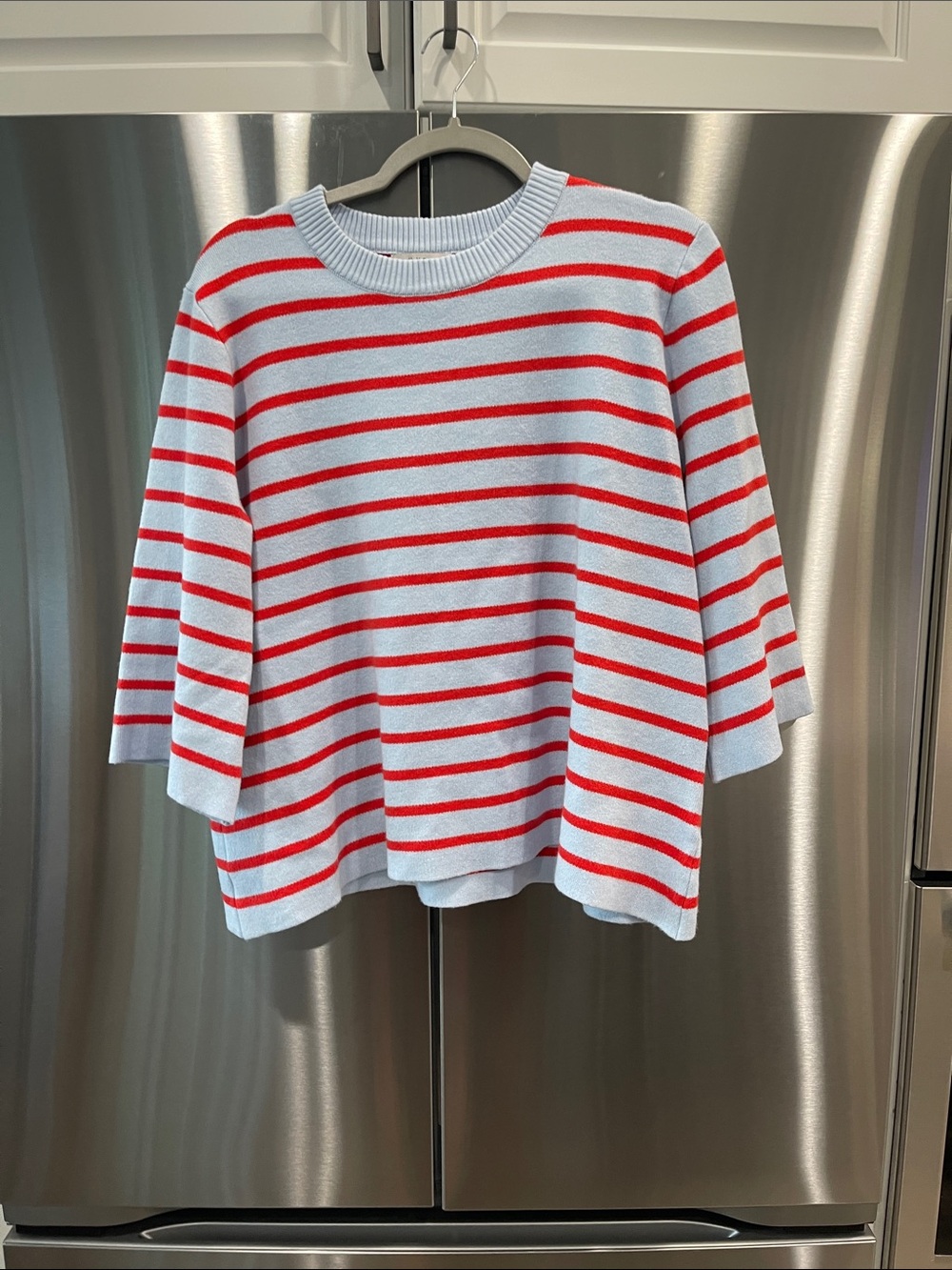 Light Blue and Red Striped Crewneck Sweater